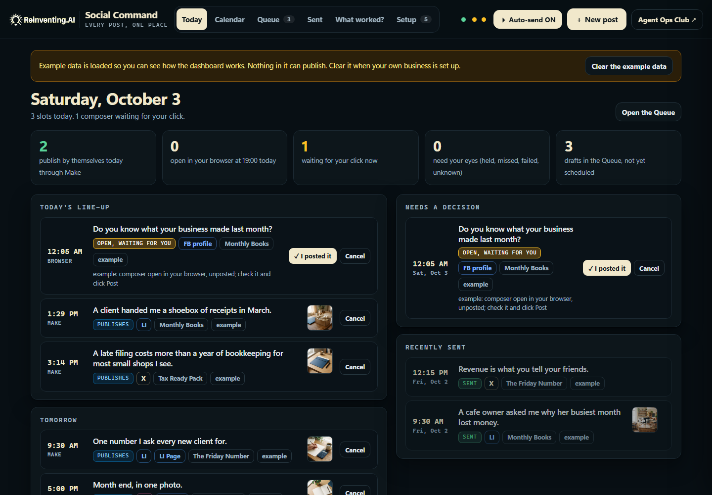 Social Command dashboard, social media queue and calendar for AI agents