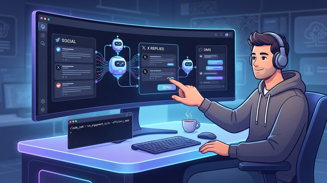 Solo founder at a terminal orchestrating Claude Code marketing workflows for social posts, X replies, and LinkedIn DMs, with a human hitting send.