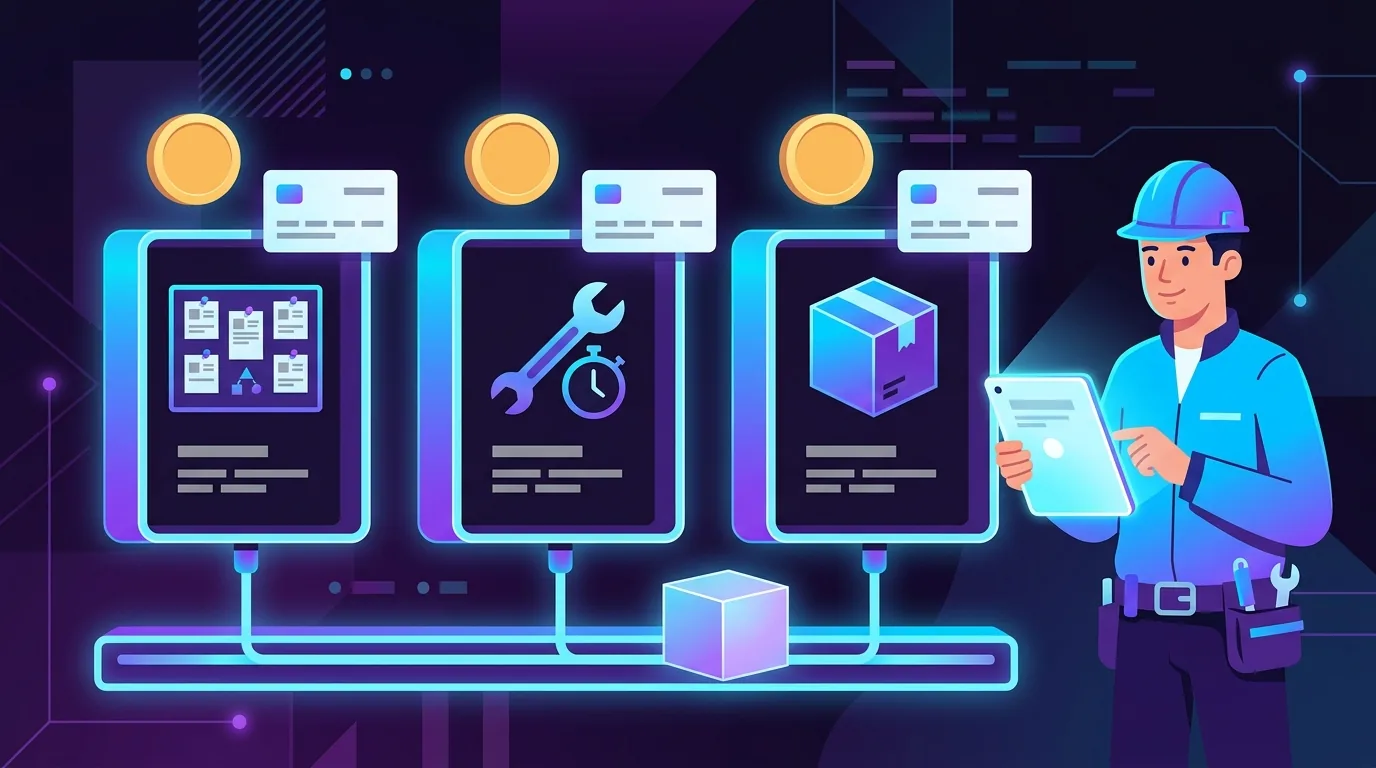 Three glowing panels holding a listings board, a wrench and timer, and a shipping box, each with a coin and card checkout badge above, all connected to one shared base rail beside a builder holding a tablet.